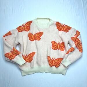 Cream Crewneck Sweater with Orange Butterfly Motif
